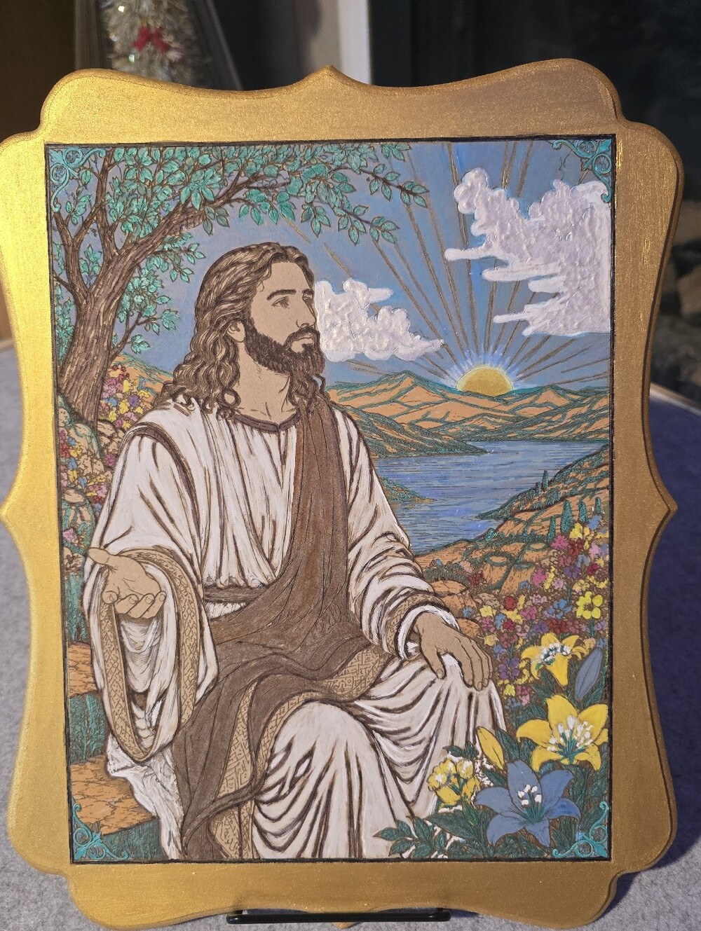 Lasered And Hand-Painted Religious Wooden Wall Art — Gold-Framed Jesus Landscape